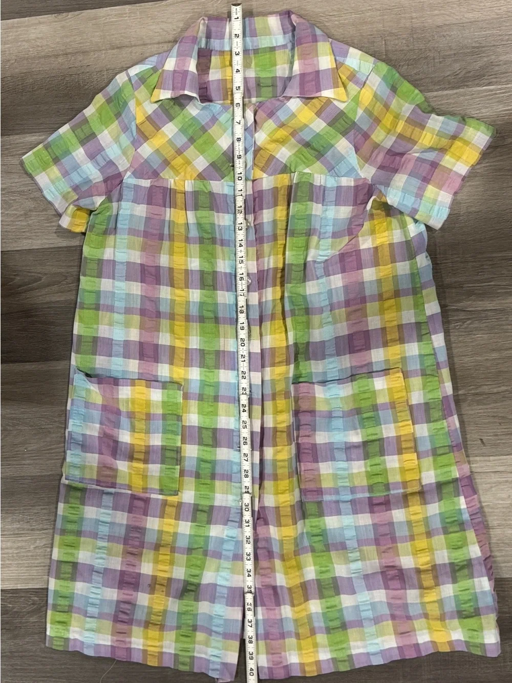 Pastel Plaid Short-Sleeve Button Down Sleep Robe - Multicolor